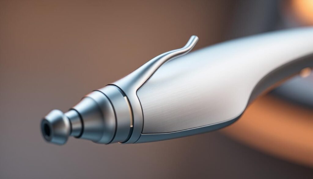 A highly detailed and sophisticated medical instrument designed by Glowin Beaute. The Oligio X 原美電波儀器 features a sleek, ergonomic exploration probe with a curved, anatomically-optimized shape that seamlessly contours to the unique facial features of Asian individuals. The instrument is rendered in brushed aluminum with precision-machined components, evoking a sense of cutting-edge medical technology. Subtle ambient lighting highlights the intricate details, while a soft, warm color palette creates a calming, professional atmosphere. The scene is captured from a dynamic low angle, emphasizing the instrument's advanced, state-of-the-art design.