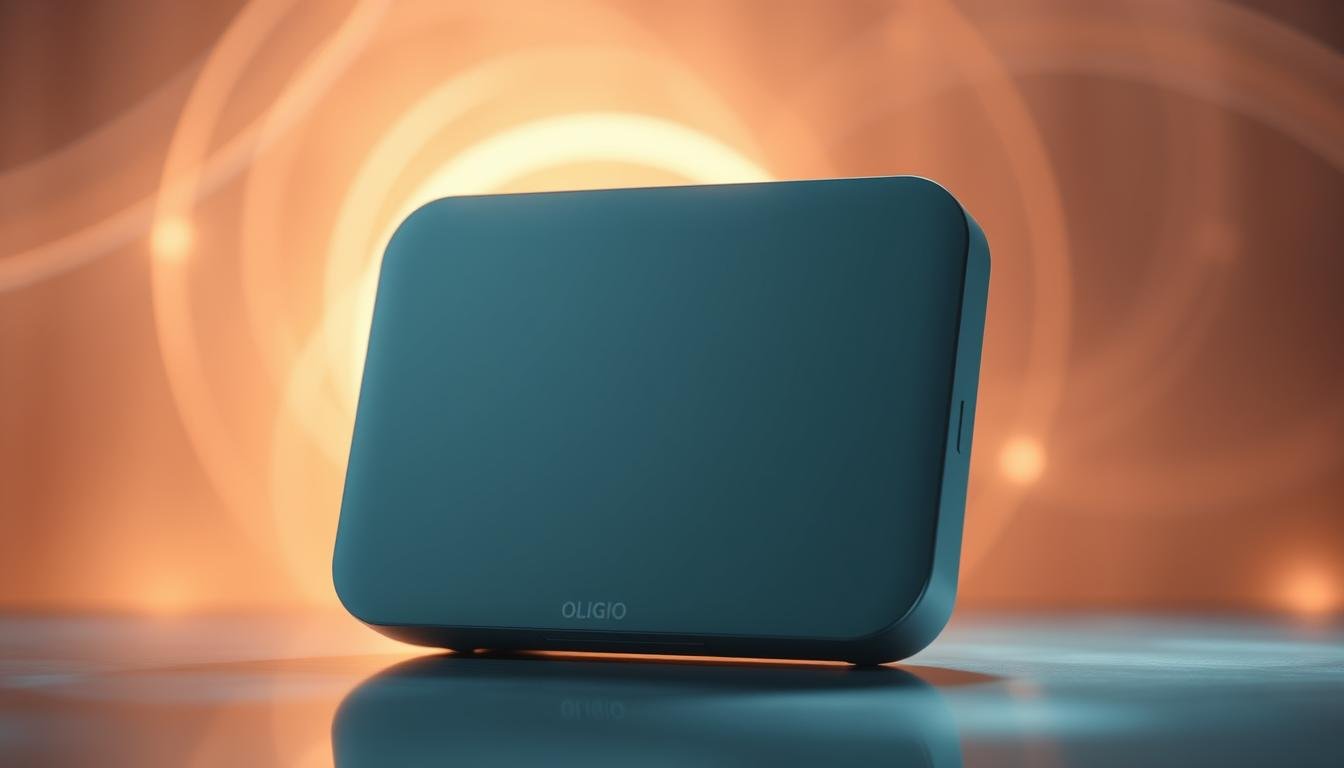 A beautifully crafted, high-definition image of "Oligio X 原美電波" set against a softly glowing, ethereal backdrop. The product is prominently displayed in the foreground, captured through a medium-wide angle lens that showcases its sleek, minimalist design and elegant contours. The lighting is soft and diffused, creating a serene, almost otherworldly ambiance that complements the product's premium aesthetic. In the middle ground, a faint, radiant halo effect emanates from the device, hinting at its "Glowin' Beaute" capabilities. The background is composed of abstract, swirling patterns of light and color, adding depth and visual interest to the composition.