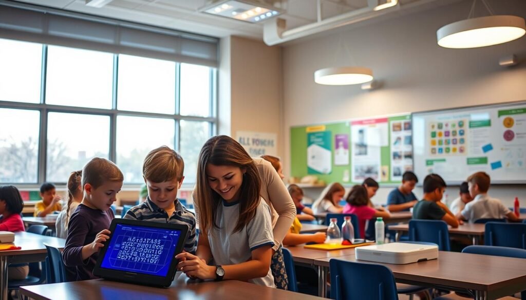 A classroom setting with a group of students with special needs, engaged in STEM learning activities using Aloha LED technology. The scene depicts a well-lit, modern classroom with large windows, allowing natural light to fill the space. In the foreground, a teacher assists a student using a tablet-controlled LED display, demonstrating a hands-on experiment. In the middle ground, other students work collaboratively on various projects, their faces lit by the soft glow of Aloha LED lamps mounted on the walls and desks. The background features educational posters and a large, interactive whiteboard, showcasing the integration of LED technology into the special education curriculum.