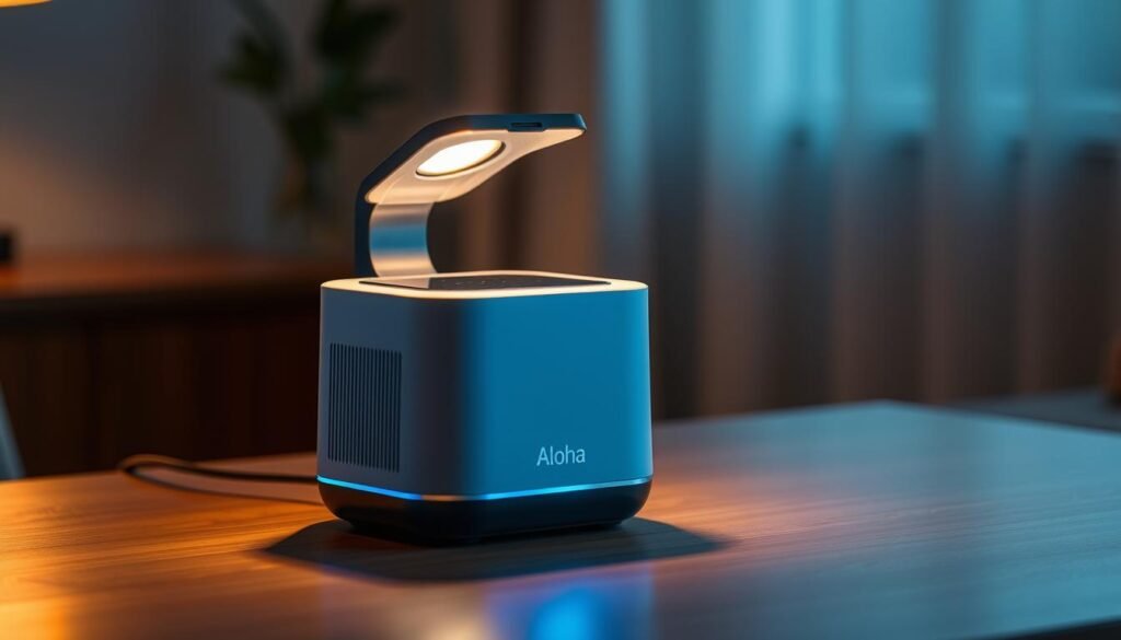 A customized projection lamp with the Aloha brand name, showcasing a modern, sleek design with adjustable lighting angles and a warm, inviting glow. The lamp is positioned on a minimalist wooden table, casting a soft, atmospheric light onto the surrounding environment. The lamp's body is composed of matte, high-quality materials, and the light source is a state-of-the-art LED system that can be fine-tuned to create the desired ambiance. The scene conveys a sense of tranquility and personalization, reflecting the ability to tailor the lighting to specific needs and preferences.