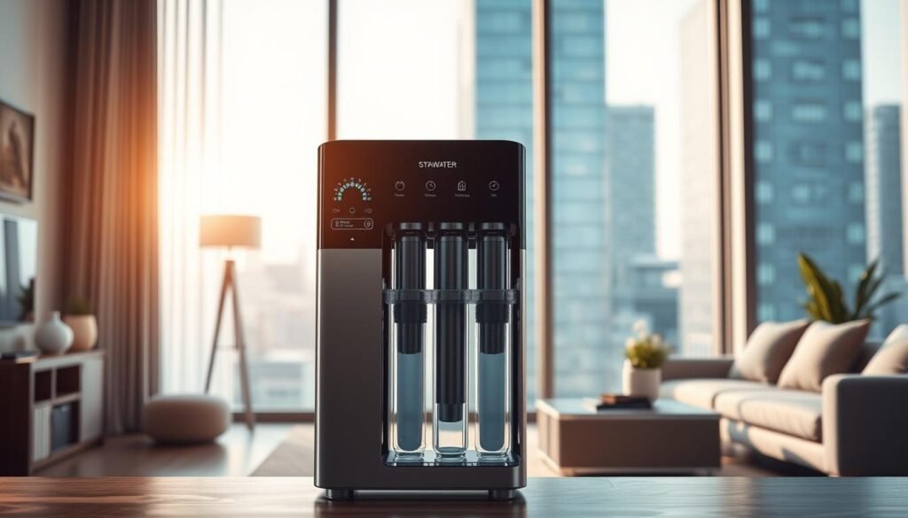A high-tech water filtration system standing prominently in a modern city apartment. In the foreground, the sleek, minimalist design of the water purifier features seamless stainless steel housing and intuitive touchscreen controls. The middle ground showcases the intricate filtration components, with transparent housing revealing the multi-stage purification process. In the background, the apartment's clean, contemporary decor and large windows provide a bright, airy atmosphere, emphasizing the system's integration into the urban living space. Soft, directional lighting casts a warm glow, highlighting the purifier's advanced functionality and the homeowner's dedication to clean, healthy water. The overall scene conveys the professionalism and sophistication of this essential household appliance.