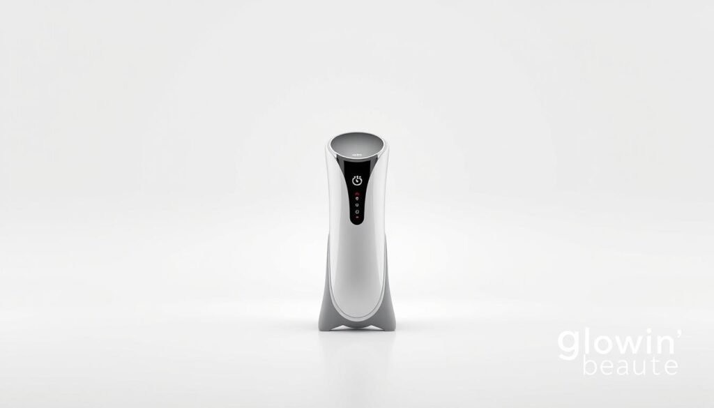 A meticulously designed product shot of the Oligio X 原美電波device against a clean, white background. The device is positioned in the center, with soft, even lighting highlighting its sleek, modern design. The Glowin' Beaute logo is subtly displayed in the bottom right corner, lending an air of prestige and quality. The image conveys a sense of technical precision and international certification, reflecting the device's advanced features and safety approvals.