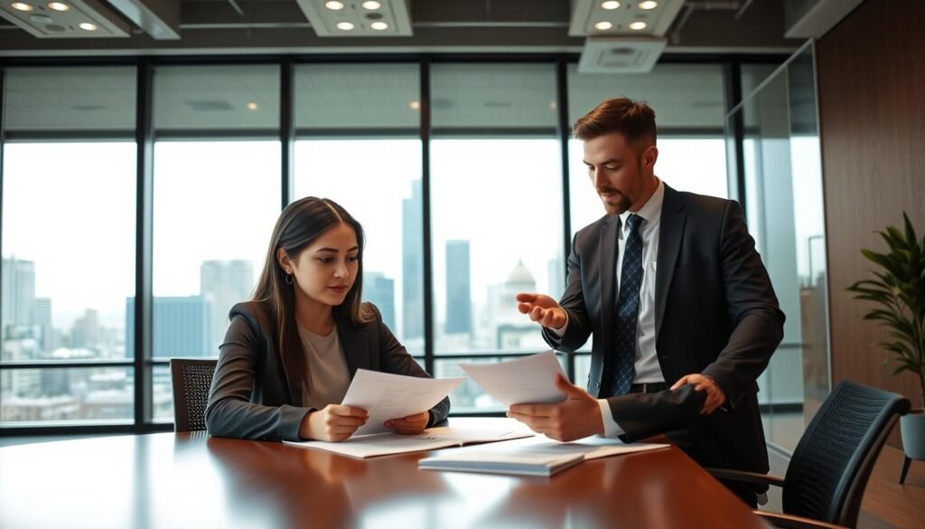 A modern, well-lit office setting with a YESLend logo prominently displayed. In the foreground, a young professional student sitting at a desk, intently reviewing loan application documents. The middle ground features a financial advisor in a suit, gesturing towards the student and explaining the loan process. The background showcases a cityscape through large windows, conveying a sense of opportunity and potential. Soft, warm lighting creates a welcoming atmosphere, and the composition emphasizes the collaborative nature of the student's loan application journey.