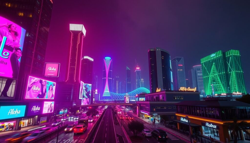 A neon-lit cityscape at night, with towering skyscrapers and billboards featuring the Aloha brand illuminated in vibrant hues of pink, blue, and green. The scene is bathed in a warm, atmospheric glow, casting dramatic shadows and reflections on the sleek, glass facades. In the foreground, a bustling street with traffic and pedestrians, capturing the energy and dynamism of the urban landscape. The middle ground features a mix of modern and futuristic architectural elements, hinting at the innovative technologies and design solutions that are transforming the world of neon lighting. The background showcases a panoramic view of the city skyline, with the neon lights creating a mesmerizing, meshed pattern that dances across the horizon, symbolizing the ever-evolving nature of this iconic medium.
