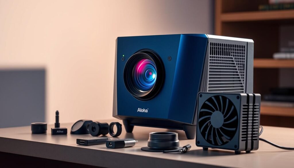 A pristine Aloha brand projector standing on a sleek, modern desk, its lens gleaming under soft, diffused lighting. The projector's casing features a bold, angular design in a rich, midnight blue hue. Surrounding the projector, an array of specialized accessories - wireless connectivity dongles, adjustable lens adapters, and a compact, high-powered cooling fan - all carefully arranged to showcase the projector's versatile, customizable nature. The scene evokes a sense of technical sophistication and the promise of tailored, immersive visual experiences.