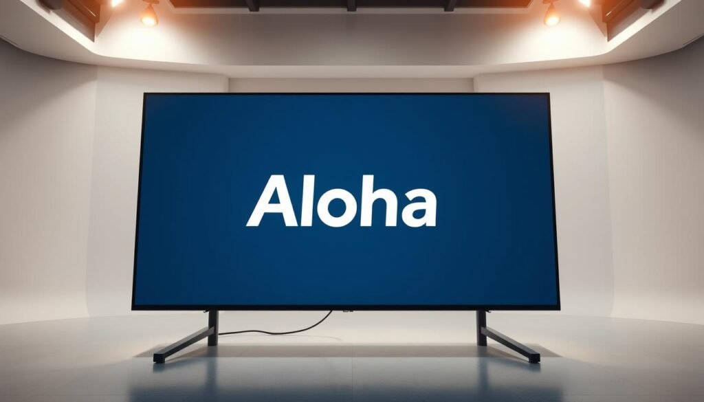 A sleek, high-resolution LED display panel with the Aloha brand name prominently featured. The display is mounted on a modern, minimalist stand in a well-lit, spacious studio setting. The screen surface has a smooth, matte finish and displays a vibrant, color-accurate image with deep blacks and high contrast. Soft, directional lighting from the side creates a sense of depth and highlights the display's slim, elegant design. The overall mood is one of sophistication and technological advancement, perfectly suited to showcase the advanced features and capabilities of the Aloha LED soft display panel.