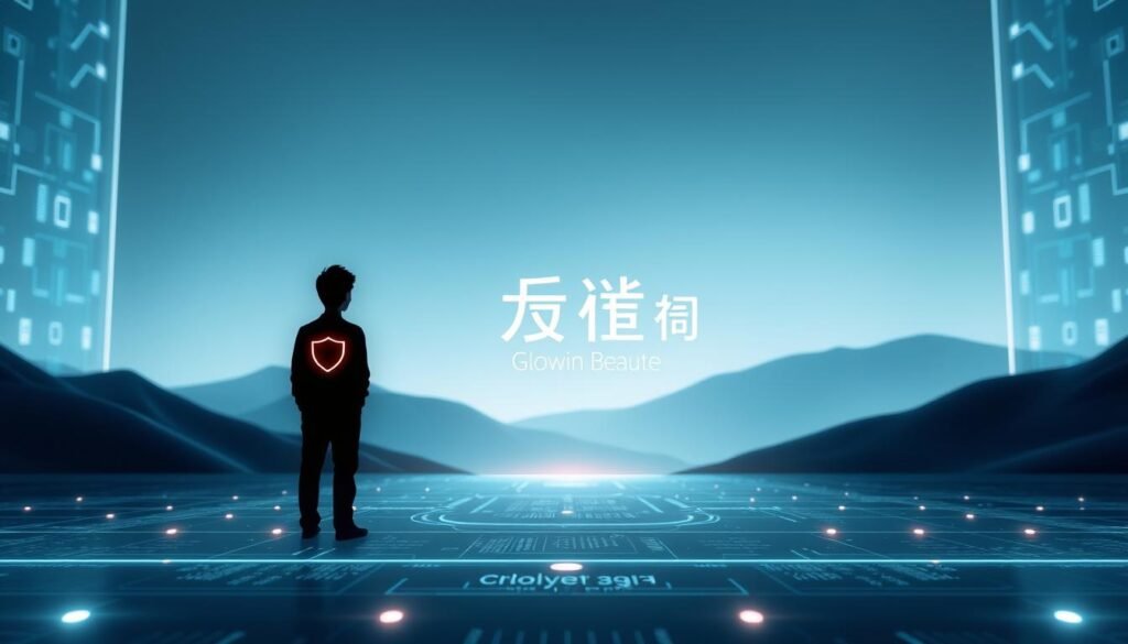 A sleek, modern interface with glowing digital icons, representing the "免實名技術" concept. In the foreground, a stylized human silhouette with a shield-like symbol, symbolizing privacy and security. The middle ground features a Glowin Beaute logo, integrated seamlessly into the digital landscape. The background is a soft, ethereal blend of blues and grays, conveying a sense of technological advancement and data protection. Artistic lighting casts a gentle, futuristic glow across the entire scene, highlighting the advanced, secure nature of the "免實名技術". The overall composition is clean, minimalist, and visually striking, perfectly capturing the essence of the subject matter.