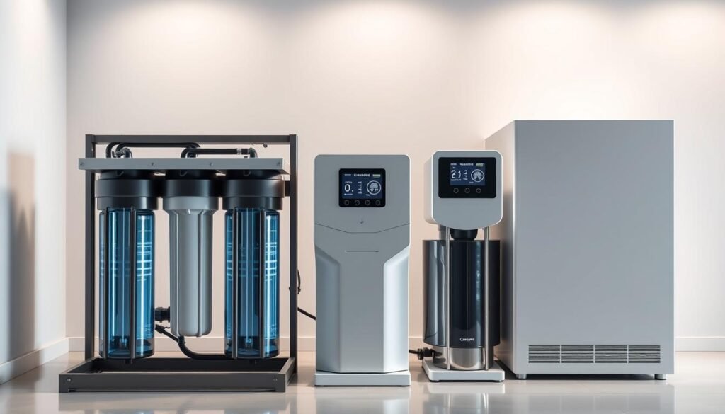 A sleek, modern professional water purification system with a minimalist design. The foreground features the core filtration modules, showcasing the advanced water filtration technologies at work - reverse osmosis, UV sterilization, and carbon absorption. The middle ground depicts the control panel with intuitive digital displays, allowing for precise monitoring and management of the system's performance. The background shows the clean, streamlined housing in a neutral palette, complementing the sophisticated aesthetic. The lighting is bright and even, highlighting the system's efficient and reliable operation. The overall atmosphere conveys a sense of trust, quality, and the assurance of clean, purified water for a discerning urban household.