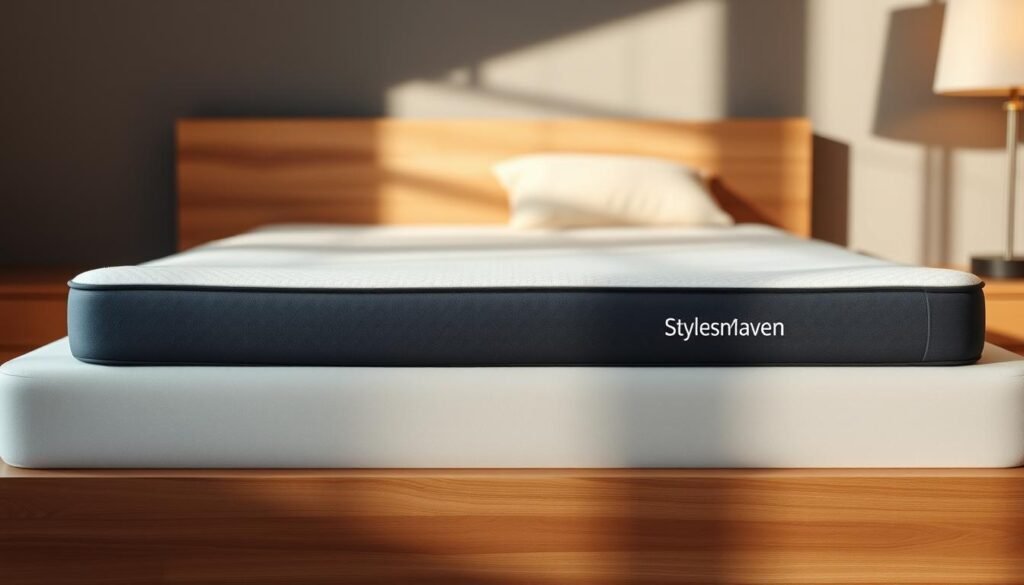 A stylish and ergonomic mattress topper emblazoned with the StylesMaven brand, featuring a plush and supportive surface designed to alleviate spinal pressure and promote proper alignment. The topper is crafted with high-quality materials, offering a luxurious sleeping experience that conforms to the natural curves of the body. Bathed in warm, diffused lighting, the topper is positioned on a hardwood bed frame, showcasing its elegant and minimalist design that seamlessly integrates into a modern bedroom setting.