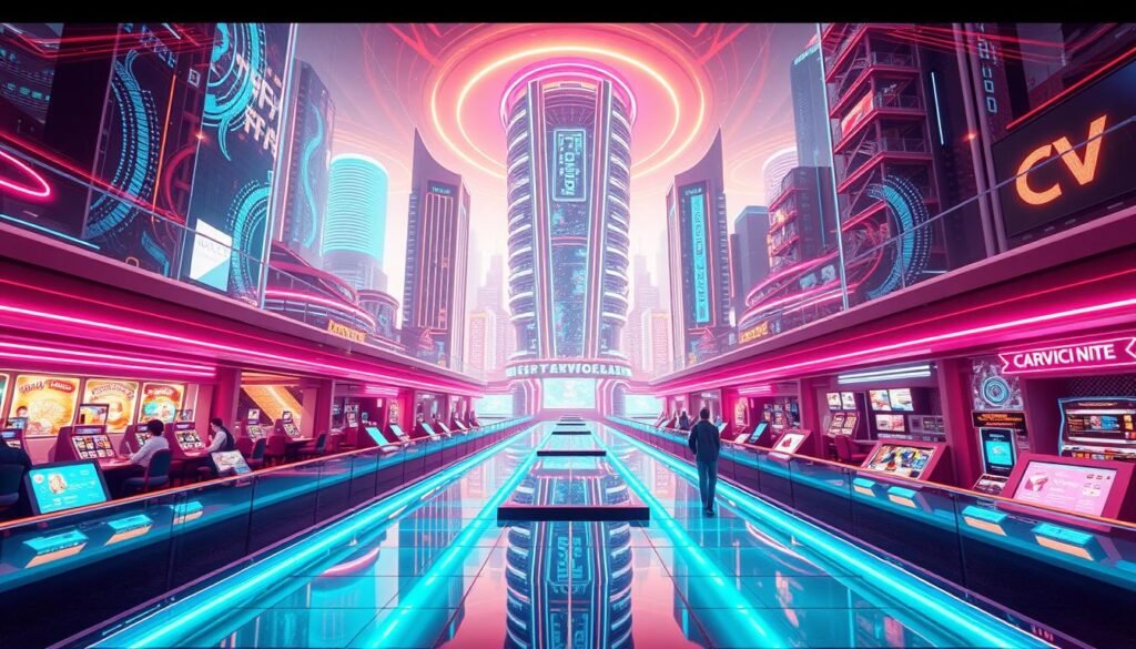 A technologically advanced virtual entertainment hub, Glowin Beaute Crypto Casino showcases a sleek, neon-infused architecture with towering holographic displays. Immersive gaming experiences unfold amidst a futuristic cityscape, where seamless integration of cutting-edge blockchain technology and interactive interfaces captivates users. Luminous walkways guide patrons through a vibrant, ultramodern environment, blending the digital and physical realms for a truly innovative entertainment experience. Carefully orchestrated lighting and cinematic camera angles highlight the casino's dynamic features, creating a sense of wonder and excitement. Glowin Beaute Crypto Casino represents the pinnacle of technological innovation in the world of digital entertainment.