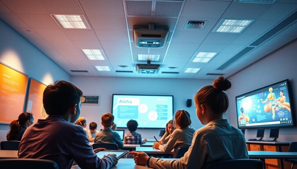 A vibrant and innovative smart classroom, illuminated by Aloha LED technology. In the foreground, students engage with interactive whiteboards and tablets, their faces aglow with the warm, energy-efficient light. The middle ground showcases sleek, adjustable lighting fixtures that seamlessly integrate with the classroom's networked control system, allowing for personalized lighting settings to enhance learning and focus. The background features a panoramic view of the room, with walls adorned with educational displays and multimedia projections, all powered by the reliable and cost-effective Aloha LED solution. The overall atmosphere is one of futuristic, yet practical, technological integration, fostering a stimulating and productive educational environment.