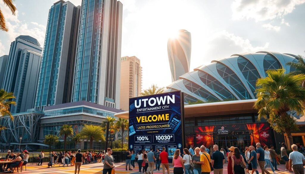 A vibrant, eye-catching landscape showcasing the UTown Entertainment City, with its towering modern buildings, lush green spaces, and a bustling atmosphere. The scene is bathed in warm, golden sunlight, casting a welcoming glow over the entire setting. In the foreground, a group of people are gathered, engaged in various leisure activities, such as dining at an outdoor café, strolling through a colorful plaza, or enjoying a live performance on a stage. The middle ground features a prominent display showcasing the latest promotional offers and discounts available at UTown, prominently featuring the brand name. In the background, a sleek, state-of-the-art entertainment complex can be seen, hinting at the wide range of attractions and amenities that UTown has to offer. The overall composition conveys a sense of energy, excitement, and the promise of an enjoyable, rewarding experience for visitors.