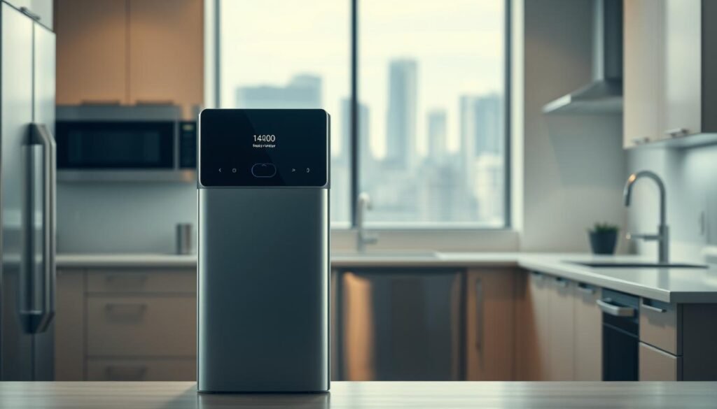 A well-lit, high-resolution image of a modern, sleek water purifier system prominently displayed in the foreground. The device features a minimalist design with clean lines, a metallic finish, and intuitive user controls. The middle ground shows the purifier integrated into a contemporary kitchen setting, with stainless steel appliances and neutral-toned cabinetry. The background subtly suggests an urban environment through the inclusion of a city skyline visible through a window. The overall scene conveys a sense of efficiency, sophistication, and the necessity of high-quality water filtration for modern metropolitan living.
