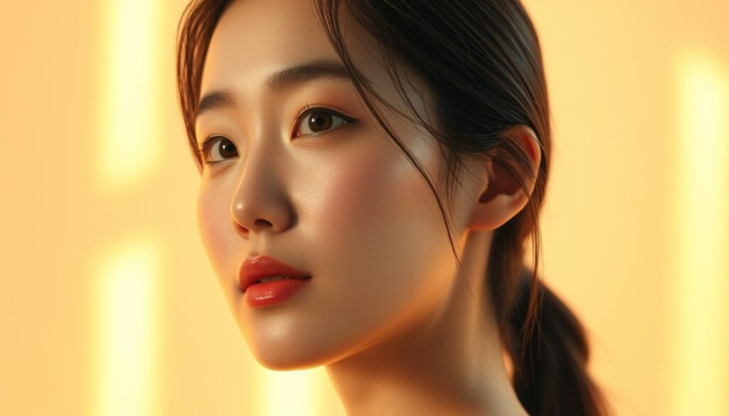 Oligio X 原美電波效果showcasing the radiant complexion of a young Asian woman against a soft, glowing backdrop. Skin appears plump, even-toned, and luminous, with a subtle shimmer. Warm lighting from the side creates an ethereal, dreamy ambiance. Shallow depth of field keeps the focus on the subject's face, emphasizing the transformative power of the "Glowin' Beaute" skincare technology. Elegant, minimalist composition allows the natural beauty to shine through.