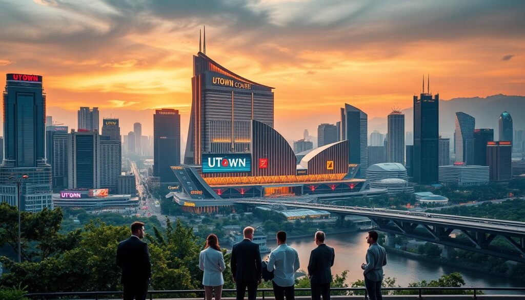 A bustling city skyline with the iconic UTown entertainment complex at its center, bathed in warm, golden lighting. Elegant high-rise buildings and neon signs create a vibrant, futuristic atmosphere. In the foreground, a group of people in business attire stand, discussing plans and strategies against a backdrop of lush greenery and a tranquil river. The scene conveys the growth, opportunity, and passive income potential of the UTown entertainment city agency program.