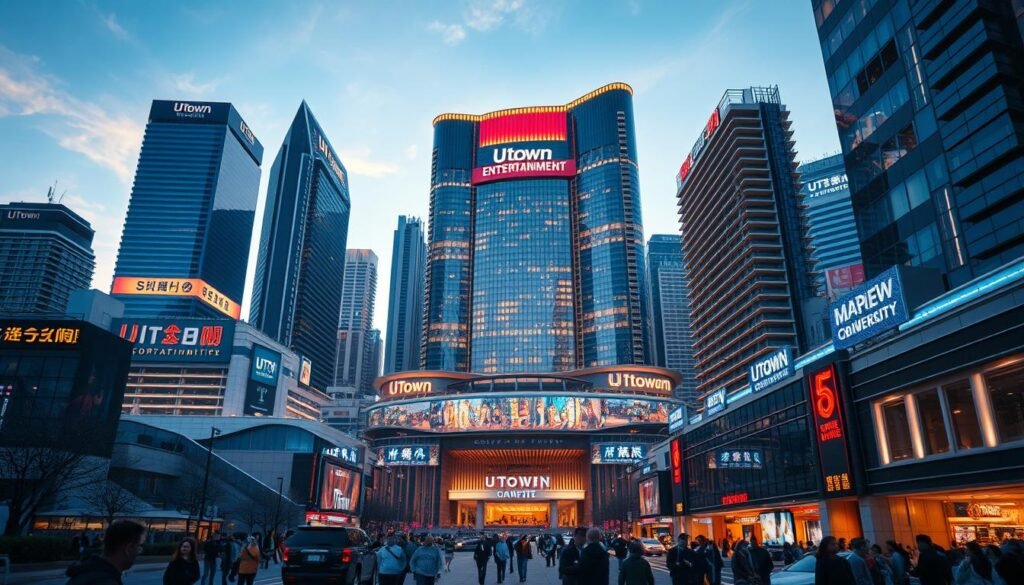 A bustling city skyline with the towering UTown Entertainment complex at its center, surrounded by sleek high-rise buildings and bustling streets. The architecture features a mix of modern and traditional styles, creating a visually striking and dynamic scene. Soft, warm lighting illuminates the scene, conveying a sense of energy and excitement. In the foreground, people can be seen going about their daily lives, adding a sense of scale and liveliness to the image. The overall composition showcases the market competitiveness and appeal of the UTown Entertainment hub, reflecting its prominence in the cityscape.