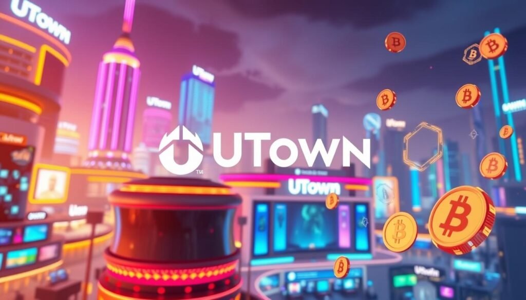 A digital entertainment landscape featuring the UTown brand, with futuristic architecture and neon-lit skyscrapers in the background. In the foreground, digital currency symbols and blockchain icons float and swirl, symbolizing the integration of cryptocurrency and gaming. The scene is bathed in a warm, vibrant glow, creating a sense of technological innovation and excitement. The composition showcases the seamless fusion of digital currency and interactive entertainment, highlighting the potential of this emerging field.