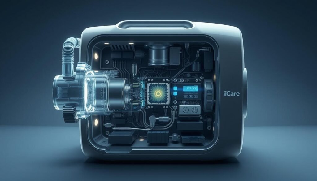 A highly detailed and technical illustration of the core technology behind the iCareCPAP sleep apnea machine. Showcase the intricate inner workings, displaying the various components, sensors, and circuitry that power this advanced medical device. Depict the machine's sleek, modern design with clean lines and a muted color palette, conveying its sophistication and precision engineering. Illuminate the scene with soft, directional lighting that casts subtle shadows, highlighting the depth and complexity of the device's architecture. Capture the essence of the machine's efficiency and reliability, essential for providing restful, restorative sleep to its users.