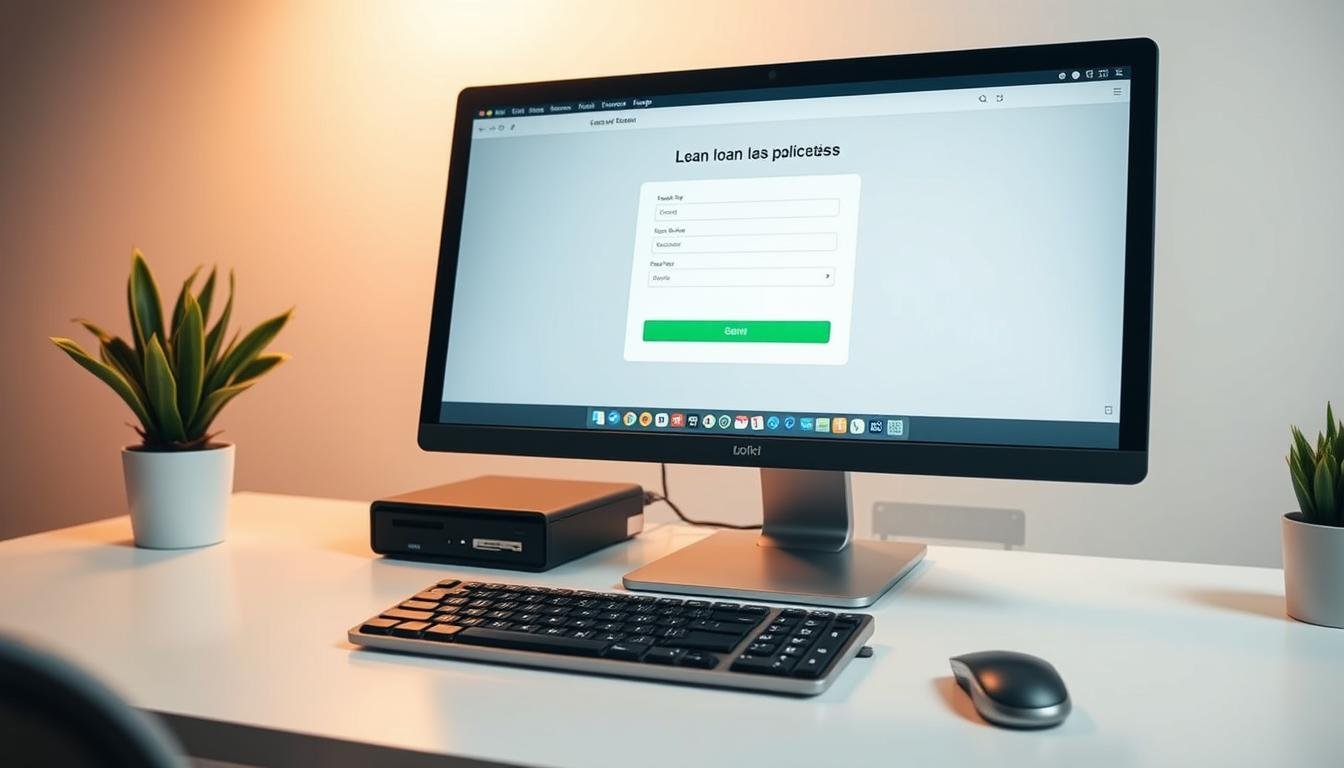 A modern and minimalist office setting, with a desktop computer, keyboard, and mouse. The screen displays a clean, user-friendly interface for an online loan application process. The lighting is soft and diffused, creating a warm and inviting atmosphere. The background features muted tones, perhaps a neutral-colored wall or subtle patterns, allowing the application interface to take center stage. The overall composition conveys a sense of professionalism, efficiency, and accessibility, reflecting the ease and convenience of the online loan application process.