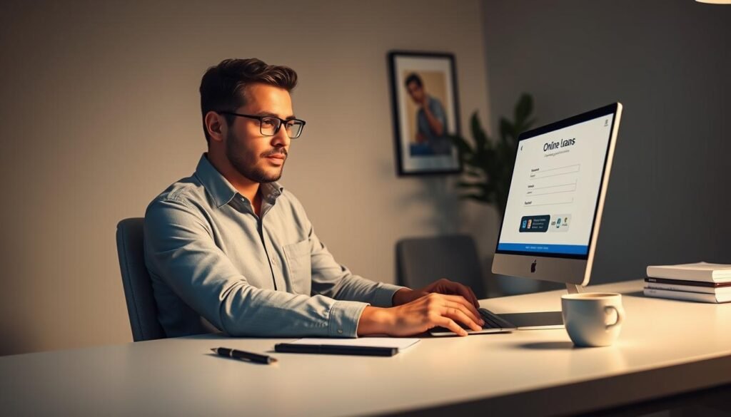 A modern office scene with a person sitting at a desk, using a laptop computer to apply for an online loan. The desk is neatly organized, with a pen, notepad, and a cup of coffee. The lighting is soft and warm, creating a calm and professional atmosphere. The background features a minimalist, uncluttered wall with a framed artwork or plant to add a touch of sophistication. The person's expression is focused and determined, highlighting the importance of the task at hand. The overall composition conveys the ease and convenience of the online loan application process, while also hinting at the potential pitfalls that the article aims to address.