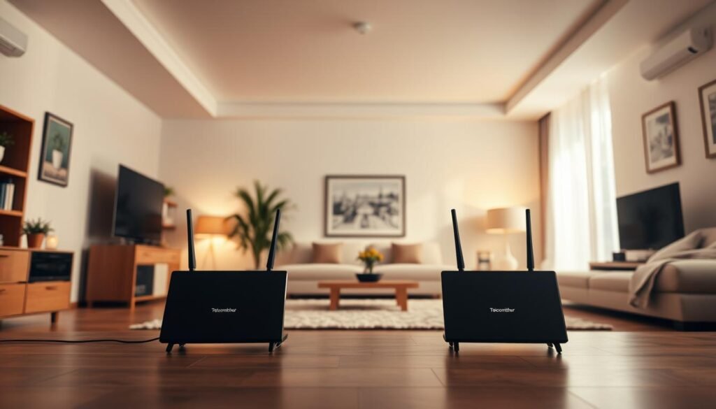 A spacious, well-lit living room featuring two distinct broadband setups - one for a public housing unit and one for a private apartment. Telecombrother routers stand prominently, showcasing their sleek designs. Soft, diffused lighting illuminates the scene, creating a warm, inviting atmosphere. The public housing setup appears more compact, while the private apartment boasts a more expansive and modern layout. The contrasting broadband experiences are visually represented, highlighting the differences in service stability between the two residential settings.