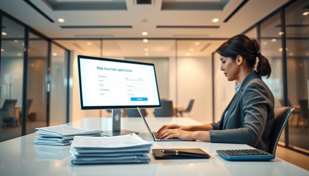 A well-lit, modern office interior with a clean, minimalist aesthetic. In the foreground, a person sitting at a desk, focused on a laptop screen, representing the online loan application process. The middle ground features a stack of financial documents and a calculator, symbolizing the personal financial information required. The background showcases sleek, glass-walled meeting rooms, suggesting the professional, corporate environment. Warm, indirect lighting creates a calm, confident atmosphere, while the composition emphasizes the centrality of the digital loan process in the individual's financial journey.