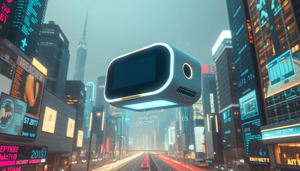 An advanced iCareCPAP sleep apnea machine levitating amidst a futuristic cityscape, surrounded by holographic data displays and neon-lit skyscrapers. The machine's sleek, organic form glows softly, hinting at its AI-powered capabilities. The scene conveys a sense of technological progress and innovation, reflecting the evolving trends in sleep apnea treatment. Warm, diffused lighting bathes the image, creating a serene and optimistic atmosphere. The composition emphasizes the iCareCPAP device as the focal point, positioning it as a central component of the envisioned future of sleep medicine.