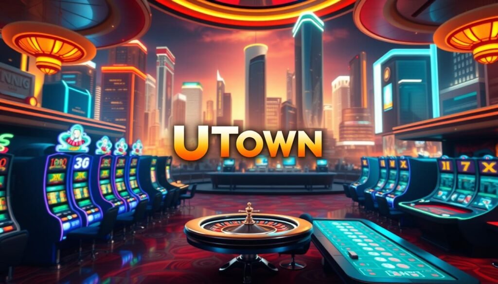 An ultra-modern, meticulously designed mobile version of the UTown casino, featuring a sleek and intuitive user interface optimized for seamless gaming on the go. The foreground showcases a vibrant and immersive casino lobby, with high-definition graphics and lifelike animations of slot machines, roulette tables, and card games. The middle ground highlights the UTown logo and branding, conveyed through a bold and eye-catching visual style. The background depicts a dynamic cityscape, with towering skyscrapers and neon lights, setting the scene for an exhilarating and technologically advanced mobile gaming experience. The overall atmosphere is one of excitement, sophistication, and the thrill of high-stakes entertainment, perfectly capturing the essence of the "雷神娛樂城手機版" brand.