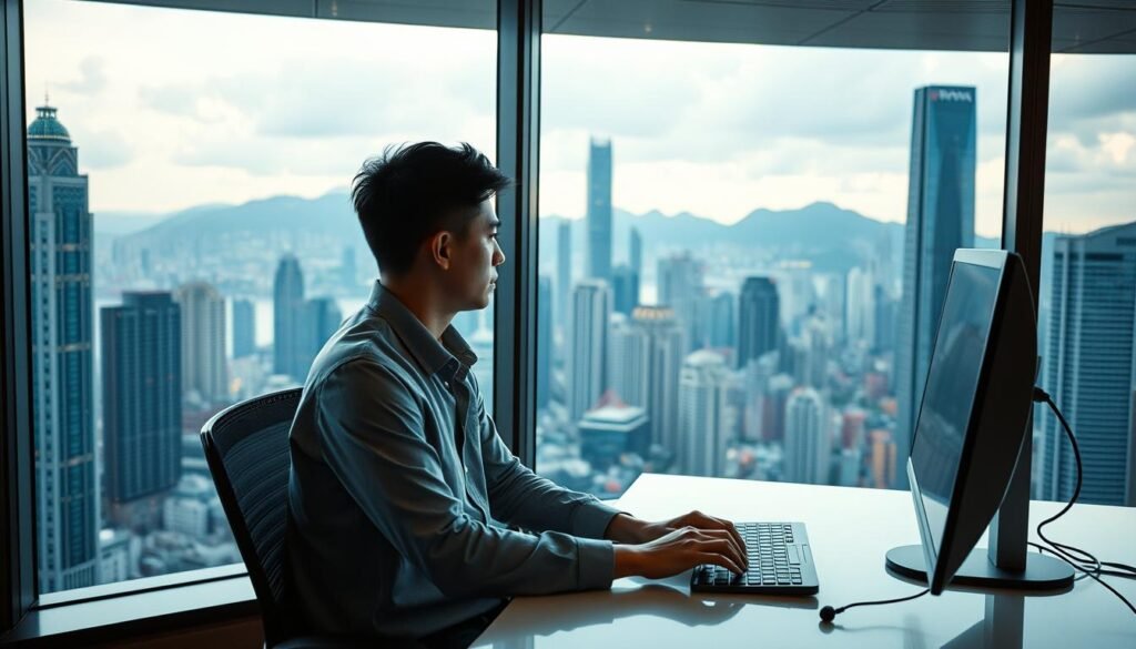 Generate an image of a person using a computer with a stable internet connection, with a background of Hong Kong cityscape.