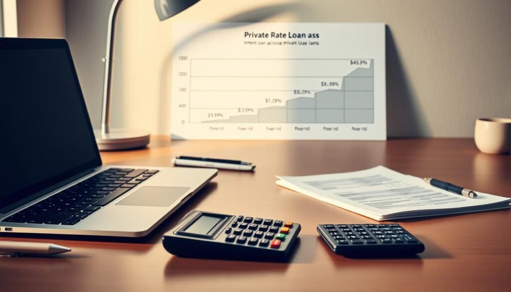 A sleek, modern office desk with a laptop, calculator, and neatly organized financial documents. In the background, a minimalist graph or chart visualizing interest rate comparisons across various private loan options. The lighting is warm and natural, creating a professional yet approachable atmosphere. The composition emphasizes the importance of carefully evaluating different private loan offers to find the most suitable one for the user's financial needs and circumstances.