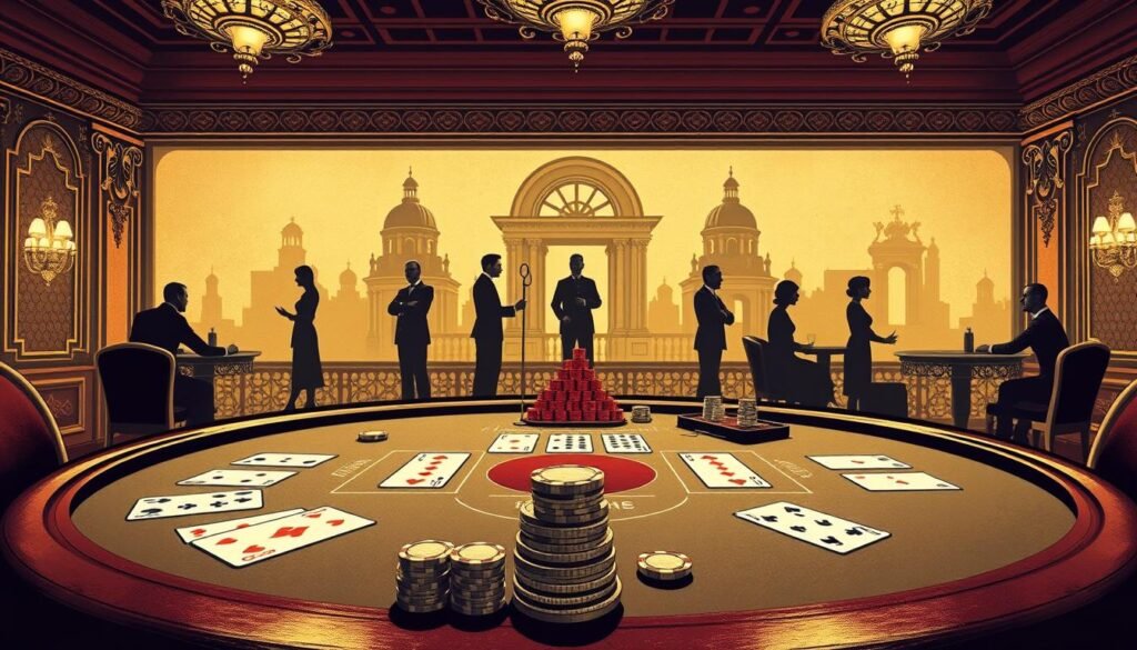 A vintage-styled illustration depicting the historical evolution of baccarat rules. In the foreground, a detailed rendering of a traditional baccarat table setup, with precision-drawn cards, chips, and a croupier's stick. The middle ground showcases silhouettes of players from different eras, illustrating the game's transformation over time. The background features ornate architectural elements, hinting at the game's aristocratic origins. The lighting is warm and muted, evoking an antique ambiance. The overall composition conveys a sense of timeless elegance and the rich tapestry of baccarat's storied past.