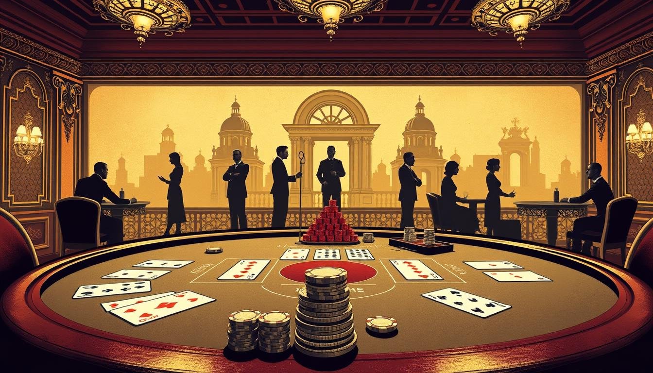 A vintage-styled illustration depicting the historical evolution of baccarat rules. In the foreground, a detailed rendering of a traditional baccarat table setup, with precision-drawn cards, chips, and a croupier's stick. The middle ground showcases silhouettes of players from different eras, illustrating the game's transformation over time. The background features ornate architectural elements, hinting at the game's aristocratic origins. The lighting is warm and muted, evoking an antique ambiance. The overall composition conveys a sense of timeless elegance and the rich tapestry of baccarat's storied past.