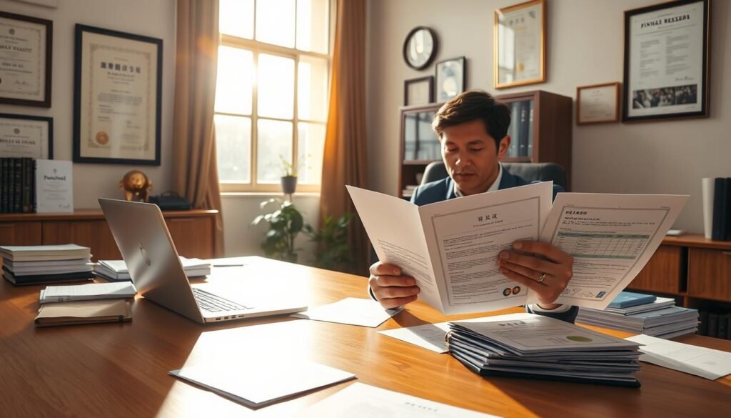A well-lit office scene with a wooden desk, a laptop, and various financial documents neatly arranged. In the foreground, a person is sitting at the desk, intently studying a brochure titled "民間貸款推薦". The room is bathed in warm, natural light from a large window, creating a calm and professional atmosphere. On the walls, there are framed certificates and awards, hinting at the expertise and trustworthiness of the financial advisor. The overall composition conveys a sense of considered financial planning and guidance.
