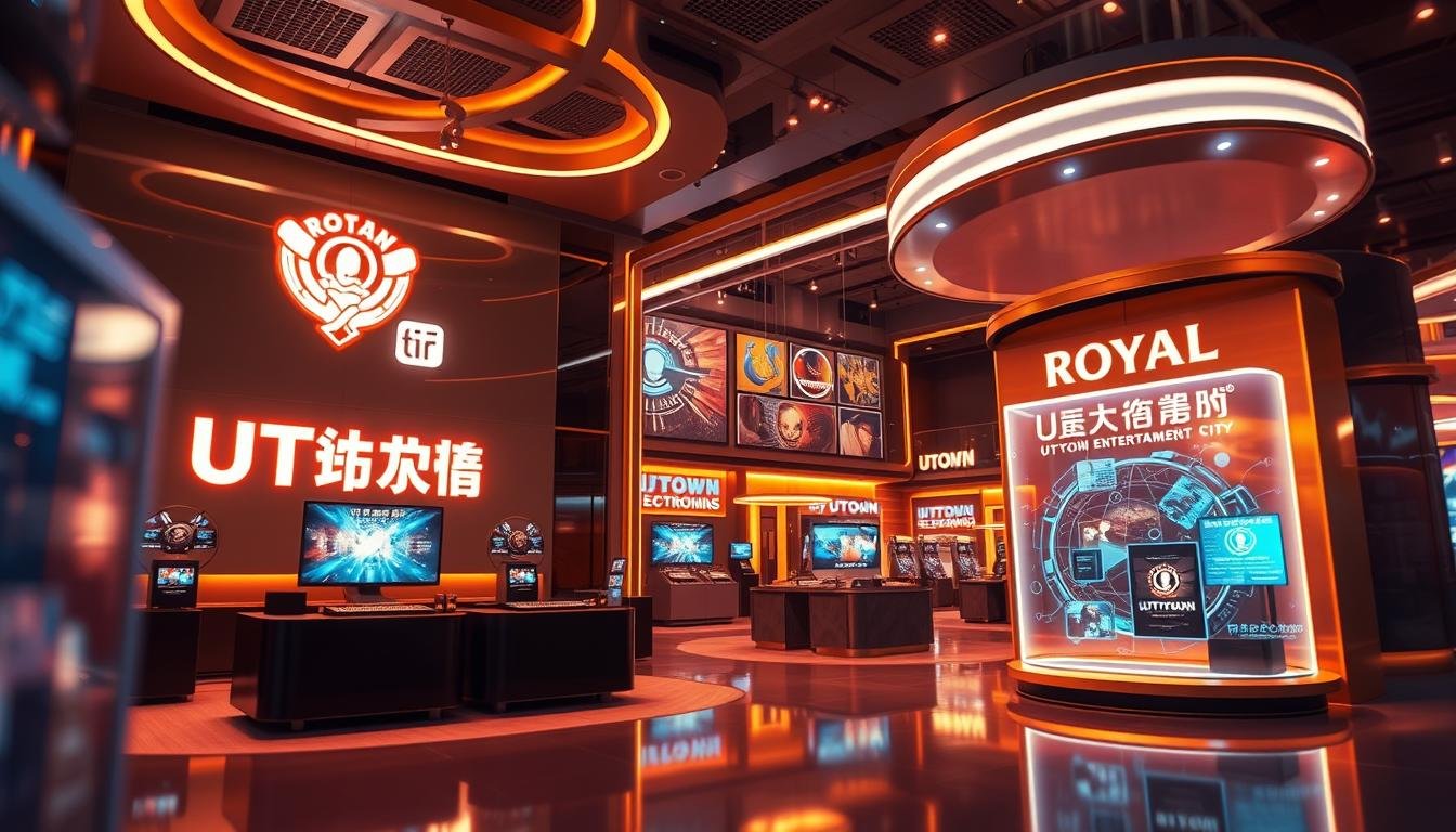 Detailed illustration of a collaborative partnership between Royal Electronics and UTown Entertainment City. Set in a modern, high-tech environment, the image showcases the integration of their branding and offerings. Prominent display of UTown's iconic logo and signage, alongside sleek product displays and holographic interfaces from Royal Electronics. Warm lighting accentuates the futuristic ambiance, while dynamic camera angles and depth of field convey a sense of energy and excitement. The overall scene captures the synergy between the two brands, highlighting the enhanced entertainment experiences they bring to their shared customer base.