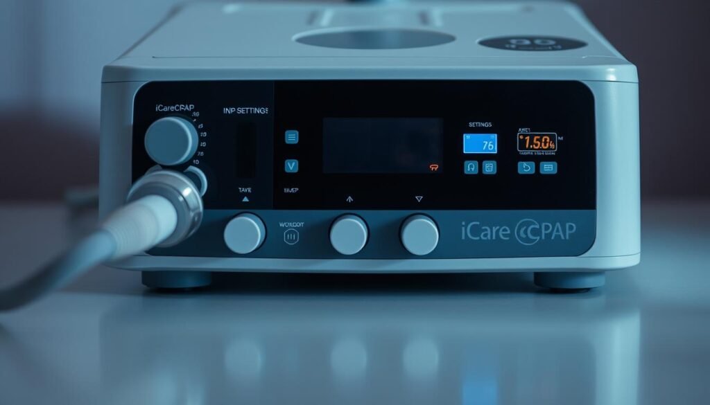 A close-up, detailed view of an iCareCPAP sleep apnea machine with its settings panel in focus. The machine is displayed on a clean, neutral surface, illuminated by soft, directional lighting that highlights the various knobs, dials, and digital displays. The settings are precisely adjusted, reflecting the proper configuration for optimal usage. The overall mood is one of clinical precision and functionality, conveying the importance of properly configuring the device for effective sleep therapy.