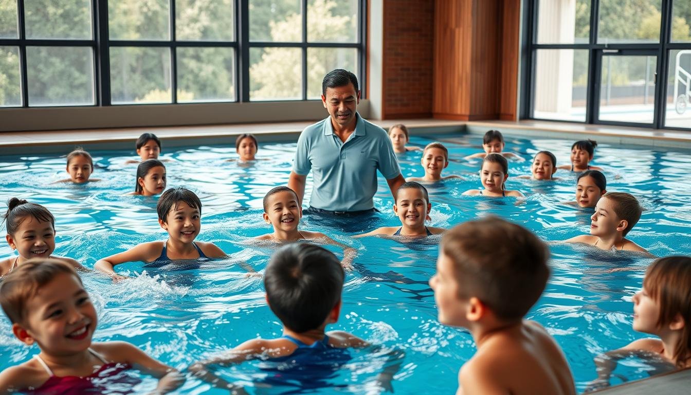 A lively swimming class scene at an indoor pool, with a diverse group of students, including children and adults, attentively listening to their instructor. The coach, a middle-aged Asian man in a smart polo shirt and swim trunks, demonstrates swimming techniques at the edge of the pool. In the foreground, students are in modest swim attire, practicing their strokes with determination. The middle section showcases splashes of water as smiles and cheerful expressions reflect the joyous atmosphere of learning. The background features large windows allowing natural light to enhance the vibrant colors of the pool water. The overall mood is encouraging and energetic, emphasizing teamwork and guidance. The image should capture a moment of focused instruction amidst an engaging environment, shot from a slight angle to include both students and instructor prominently.