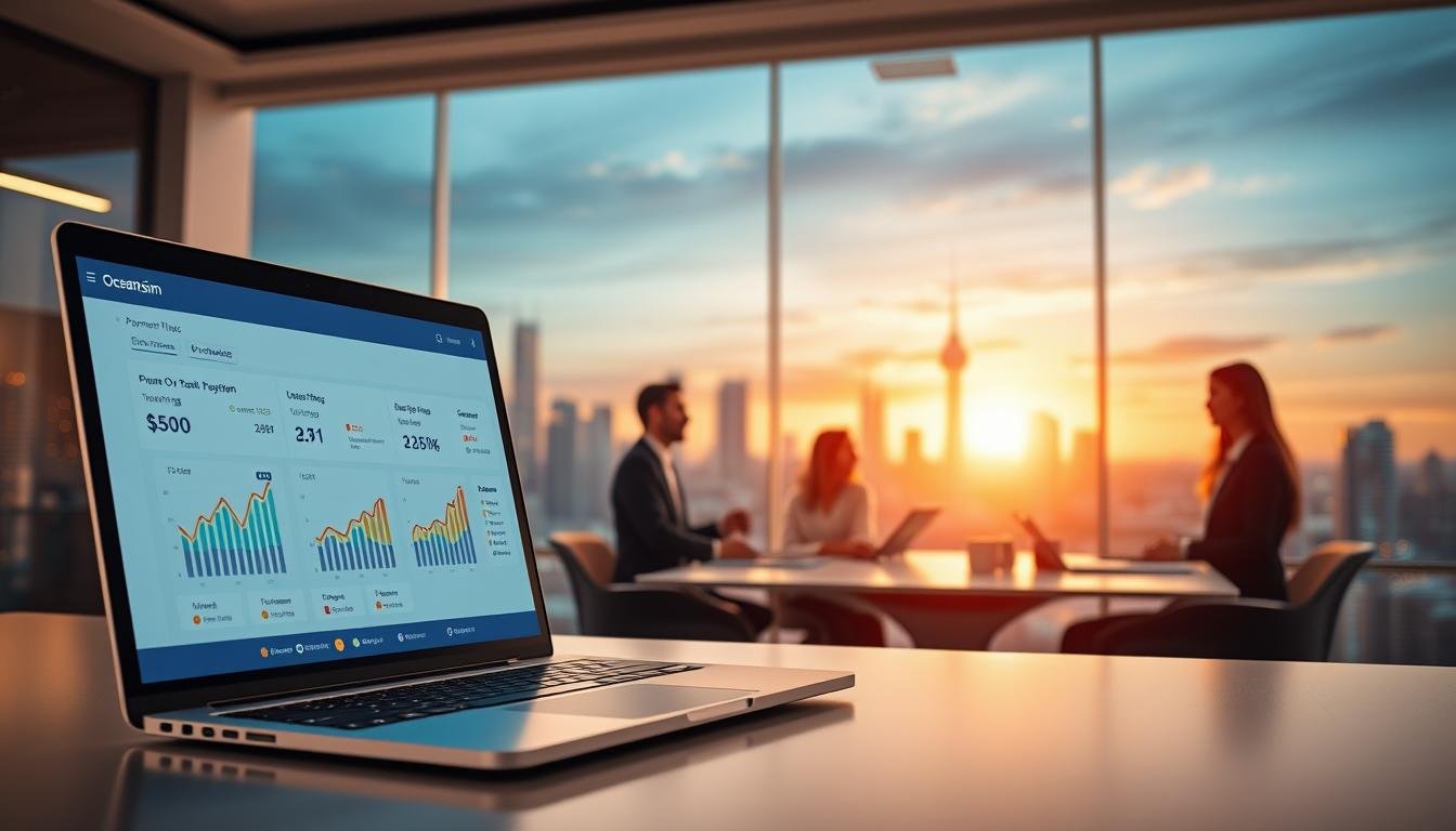 A modern digital representation of an efficient online payment process, featuring the OceanEsim payment system. In the foreground, a sleek laptop screen displays an intuitive user interface with visually appealing graphs showing transaction speed and security checks. In the middle ground, a diverse team of professionals in business attire collaborates around a conference table, discussing payment flows and OTP verification, with expressions of focus and teamwork. The background showcases a futuristic city skyline with dynamic lighting and a sunset, symbolizing global connectivity. The atmosphere should be vibrant and optimistic, emphasizing innovation and security in financial transactions. Soft, warm lighting enhances the professionalism of the setting, while the camera angle captures a collaborative moment from a slightly elevated perspective.