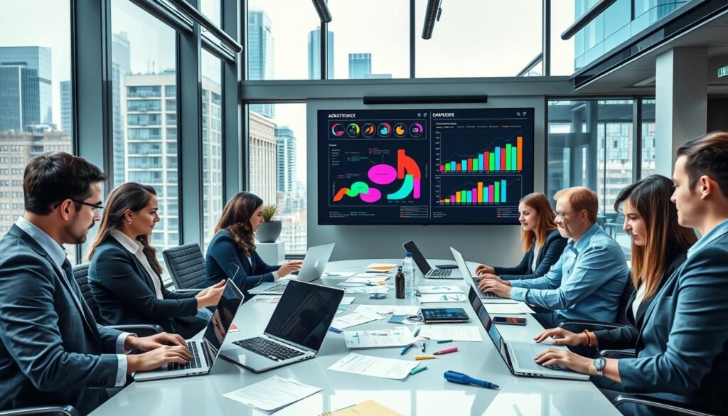 A modern office environment illustrating audience segmentation for advertising strategies. In the foreground, a diverse group of professionals, dressed in smart business attire, analyze data on laptops. A large digital screen displays colorful graphs and charts representing audience demographics and insights. In the middle ground, a brainstorming session is taking place around a sleek conference table, with notes and visual aids scattered about. The background features cityscape views through large windows, bringing in natural light that highlights the collaborative atmosphere. The color palette should be vibrant yet professional, conveying an ambiance of innovation and focus. Shot at eye level, with a wide-angle lens to capture the dynamic interactions and engaging environment.