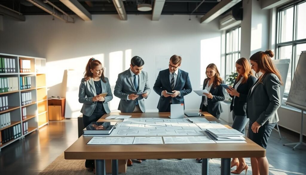 A modern office setting depicting the HKSSC evidence preservation process. In the foreground, a diverse group of four professionals in business attire, examining documents and digital devices, emphasizing collaboration. The middle ground features a large table with organized paperwork, digital tablets, and a clear visual flowchart outlining the evidence preservation steps. The background shows shelves filled with binders and a whiteboard with strategic notes, all under bright, natural light streaming through large windows. The environment should feel focused and professional, highlighting the importance of evidence preservation. Capture the scene with a slight depth of field, ensuring the subjects are in sharp focus while the background is subtly blurred to enhance the main action.