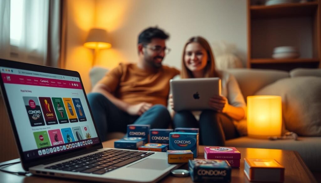 A cozy, intimate setting featuring a well-organized online shopping experience for condoms, emphasizing convenience and safety. In the foreground, a laptop displays a colorful, user-friendly website showcasing various condom options. The middle ground includes a neatly arranged table with different brands of condoms and their packaging, all in vibrant colors, conveying diversity. Soft, warm lighting creates a welcoming atmosphere, enhancing the sense of comfort and security. In the background, a couple in modest casual clothing are engaged with the laptop, smiling and discussing their choices to emphasize partnership and communication. The scene is captured from a slightly elevated angle, creating a cinematic vibe. The overall mood is relaxed and reassuring, highlighting the advantages of purchasing condoms online in a discreet manner.
