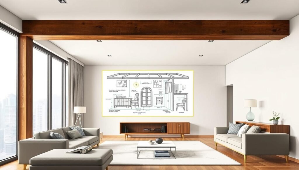 A detailed illustration depicting a crossbeam issue in Hong Kong residential interior design. In the foreground, a partially renovated living room featuring a prominent crossbeam overhead, accented with modern decor elements like a sleek sofa and stylish lighting fixtures. The middle layer includes a blueprint or schematic of the area with highlighted areas illustrating the structural implications of the crossbeam on interior design. The background features light-colored walls and large windows showing a cityscape view typical of Hong Kong, letting in soft, natural light. The atmosphere is professional and focused, emphasizing the challenges of integrating structural elements into modern living spaces, ideal for an informative article on renovation design solutions.