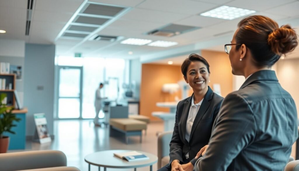 A modern day medical center interior, featuring a bright and welcoming reception area with comfortable seating and informative brochures on display. In the foreground, a healthcare professional in professional business attire is engaged in a discussion with a patient, demonstrating attentiveness and care. In the middle, different medical examination rooms are visible, each equipped with state-of-the-art medical equipment and soothing colors. The background shows a bright window with natural light streaming in, creating an inviting atmosphere. The lighting is soft yet sufficiently illuminating, evoking a sense of trust and professionalism. The overall mood is calm and reassuring, ideal for a healthcare setting, emphasizing the importance of facility evaluation and staff qualifications.