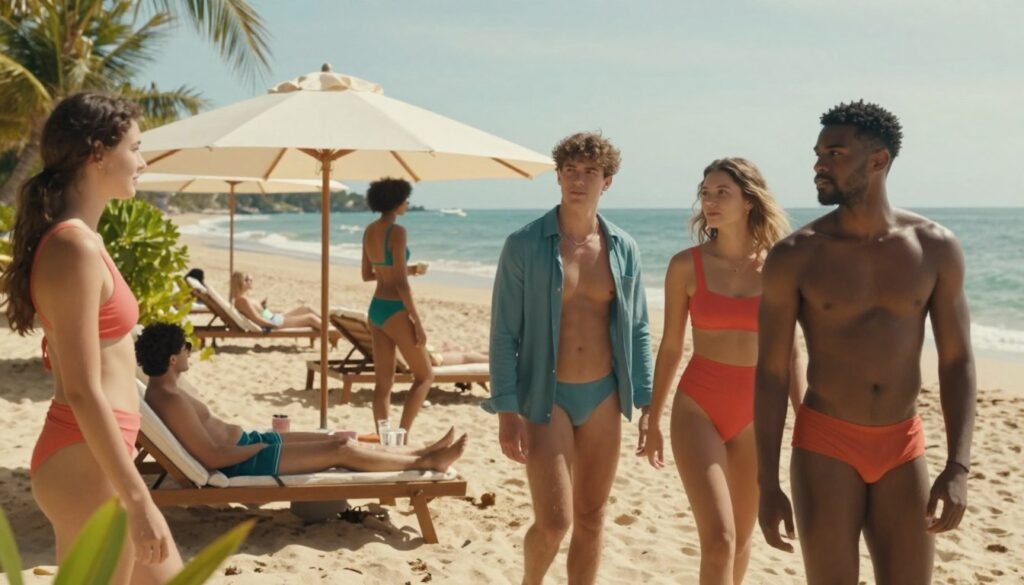 A stylish beach scene showcasing the latest trends in swimwear colors. In the foreground, a diverse group of individuals in modest yet fashionable swim attire, featuring vibrant colors such as coral, teal, and earthy tones, demonstrate confidence and relaxation. In the middle ground, sun loungers and umbrellas create an inviting atmosphere, with sunbathers enjoying the warmth of the sun, framed by lush tropical plants. The background features a serene ocean view under a bright, sunny sky, with gentle waves lapping at the shore. The lighting is warm and soft, enhancing the vibrant swimwear colors, while a cinematic touch captures the joyful essence of summer. The image should convey a cozy, intimate mood, well-suited for a fashion-focused article illustration.