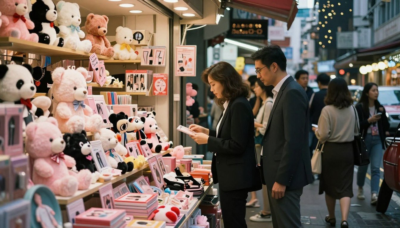 A vibrant depiction of the Hong Kong market for adult toys, showcasing an inviting storefront filled with a variety of tasteful, modern products. In the foreground, there are elegantly arranged displays of plush toys, romantic accessories, and novelty items, emphasizing a cozy and intimate atmosphere. The middle ground features a diverse group of individuals in professional business attire, casually browsing and discussing products, portraying an engaging shopping experience. The background shows the bustling streets of Hong Kong, adorned with twinkling lights and reflections, under warm, soft lighting creating a cinematic vibe. The overall mood is welcoming and informative, capturing the evolving social acceptance and market trends surrounding adult products. The image is composed in a 4:3 aspect ratio for a traditional feel.