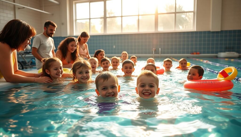 A vibrant swimming lesson scene showcasing a dedicated volunteer team assisting children in learning how to swim. In the foreground, a diverse group of volunteers, wearing modest casual clothing, are actively engaging with enthusiastic young swimmers, guiding them through basic techniques. The middle ground features a clear, inviting swimming pool, filled with colorful pool floats and swimming equipment, creating a lively atmosphere. In the background, sunlight streams through large windows, casting warm, golden light onto the water's surface, enhancing the cheerful mood of the scene. The angle captures both the action in the pool and the supportive atmosphere surrounding the lesson, emphasizing teamwork and community involvement in swimming education.
