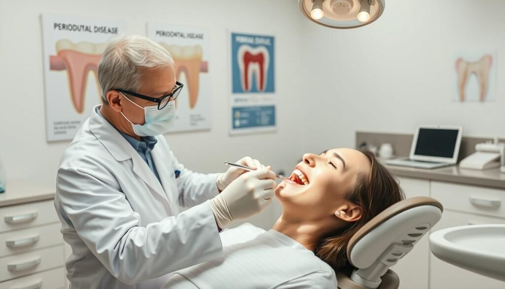 A dental professional in a clean, well-lit clinic performs a dental cleaning procedure on a patient seated in a modern dental chair, emphasizing the importance of regular plaque and tartar removal. The dentist, wearing a white coat, gloves, and a mask, is gently using dental tools to clean the patient's teeth, who appears relaxed and comfortable. In the background, there are dental posters illustrating the effects of periodontal disease, along with dental equipment neatly organized on a countertop. Soft, natural lighting enhances the atmosphere, creating a sense of calm and professionalism. The image focuses on the interaction between the dentist and patient, highlighting the clinical necessity of dental hygiene practices in preventing gum disease and tooth loss.