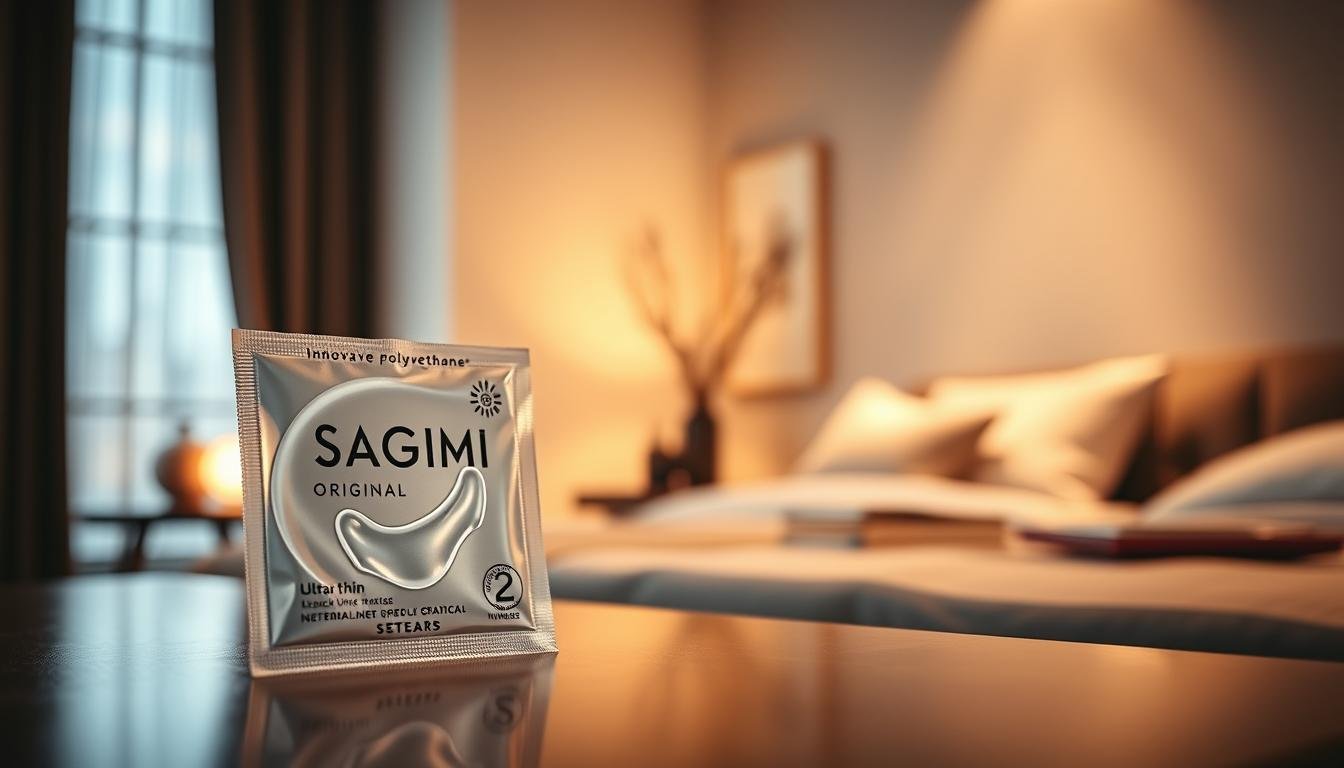 A close-up view of "Sagami Original 超薄安全套" elegantly displayed in a well-lit, modern setting, emphasizing its sleek design and ultra-thin profile. The foreground showcases the condom in a clear, inviting package, highlighting its innovative polyurethane material with a subtle sheen. In the middle ground, soft-focus elements of a sophisticated, minimalist bedroom setting convey a sense of intimacy and comfort. The background features softly blurred, warm-toned textures, suggesting a tranquil atmosphere. The lighting is soft and diffused, creating a serene and inviting mood. A macro lens perspective captures intricate details of the packaging, enhancing its sleek and contemporary aesthetics, while maintaining a professional, safe-for-work presentation.
