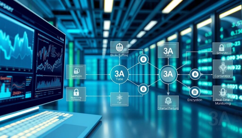 A detailed illustration of the "3A Platform Anti-Counterfeiting Mechanism Technical Architecture". In the foreground, a sleek, futuristic digital interface displays dynamic graphs and data visualizations, highlighting security features. The middle ground features interconnected nodes representing various technological components like blockchain, encryption, and real-time monitoring systems, all marked with the brand name "3A". The background showcases a high-tech server room with soft blue and green lighting, indicating advanced operations. The atmosphere is modern and authoritative, imparting a sense of security and innovation. Use a slightly elevated angle with a focus on clarity, ensuring no text or logos are present apart from the specified brand name.