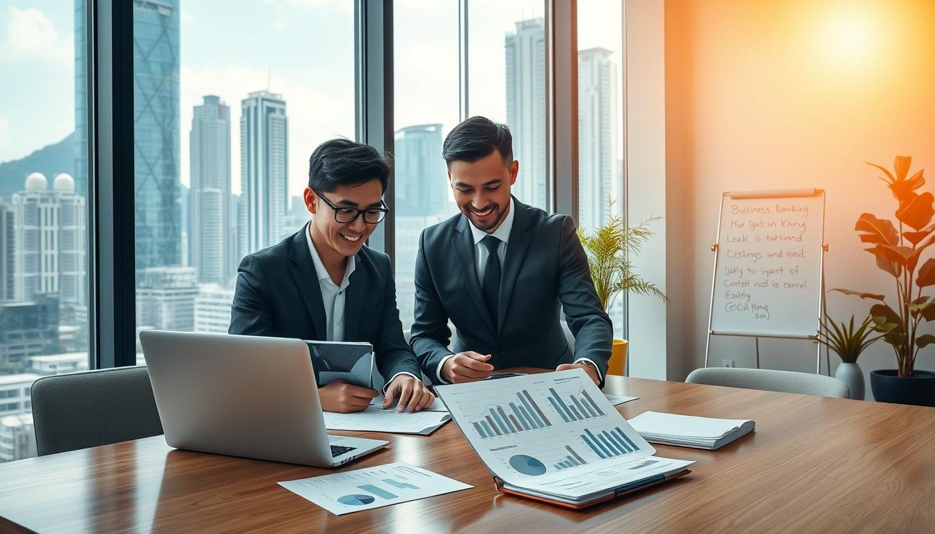 A professional office environment in Hong Kong, showcasing a modern workspace with a large window revealing a cityscape view of skyscrapers. In the foreground, a diverse group of three business professionals—two men and one woman—are gathered around a conference table reviewing documents, dressed in smart business attire. The middle layer highlights a laptop open with graphs and charts, symbolizing financial planning. Soft, natural sunlight floods the room, creating a warm and inviting atmosphere. In the background, there are decorative plants and a whiteboard with notes, reflecting an active discussion on business banking. The overall mood conveys focus, professionalism, and the urgency of starting a business in Hong Kong.
