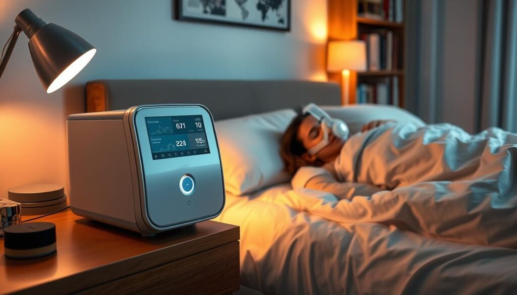 A serene bedroom scene featuring a modern sleep apnea machine on a nightstand next to a neatly made bed. In the foreground, soft, warm lighting casts gentle shadows, creating a comforting atmosphere. A young professional person in modest sleepwear lies peacefully, wearing a nasal mask connected to the machine, symbolizing restful sleep. In the middle ground, the innovative, sleek design of the sleep device is highlighted, showcasing digital screens displaying sleep data metrics like AHI index in a subtle, readable format. The background portrays cozy decor, including calming colors on the walls and a bookshelf filled with health and wellness literature, enhancing the sense of tranquility and modern medical progress. The overall mood is peaceful, reflecting the positive impact of sleep technology on health and well-being.